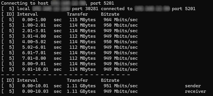 iperf3 client output on Windows showing gigabit throughput